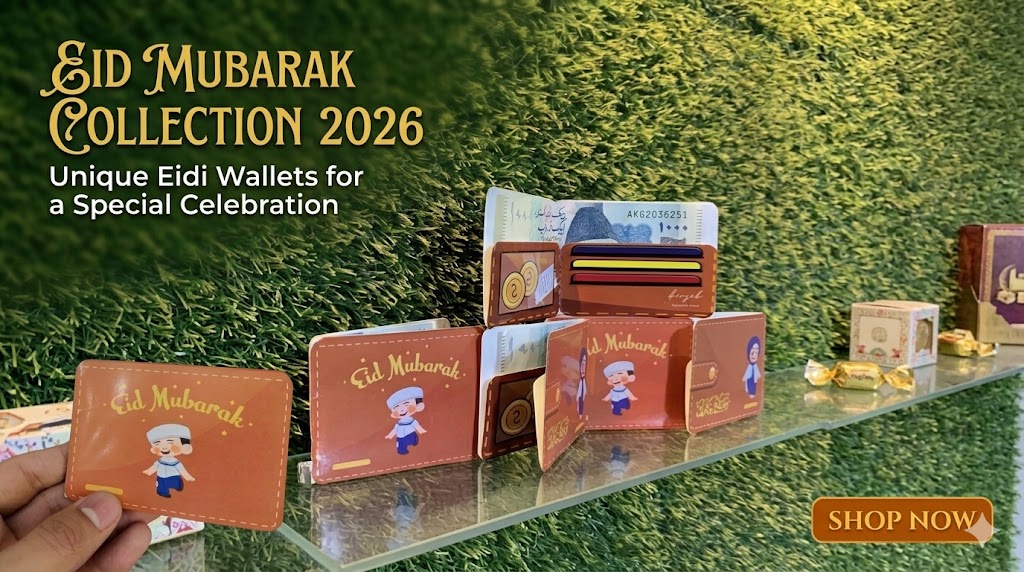 Collection of 'Eid Mubarak' wallets displayed on a glass shelf with a grassy background.